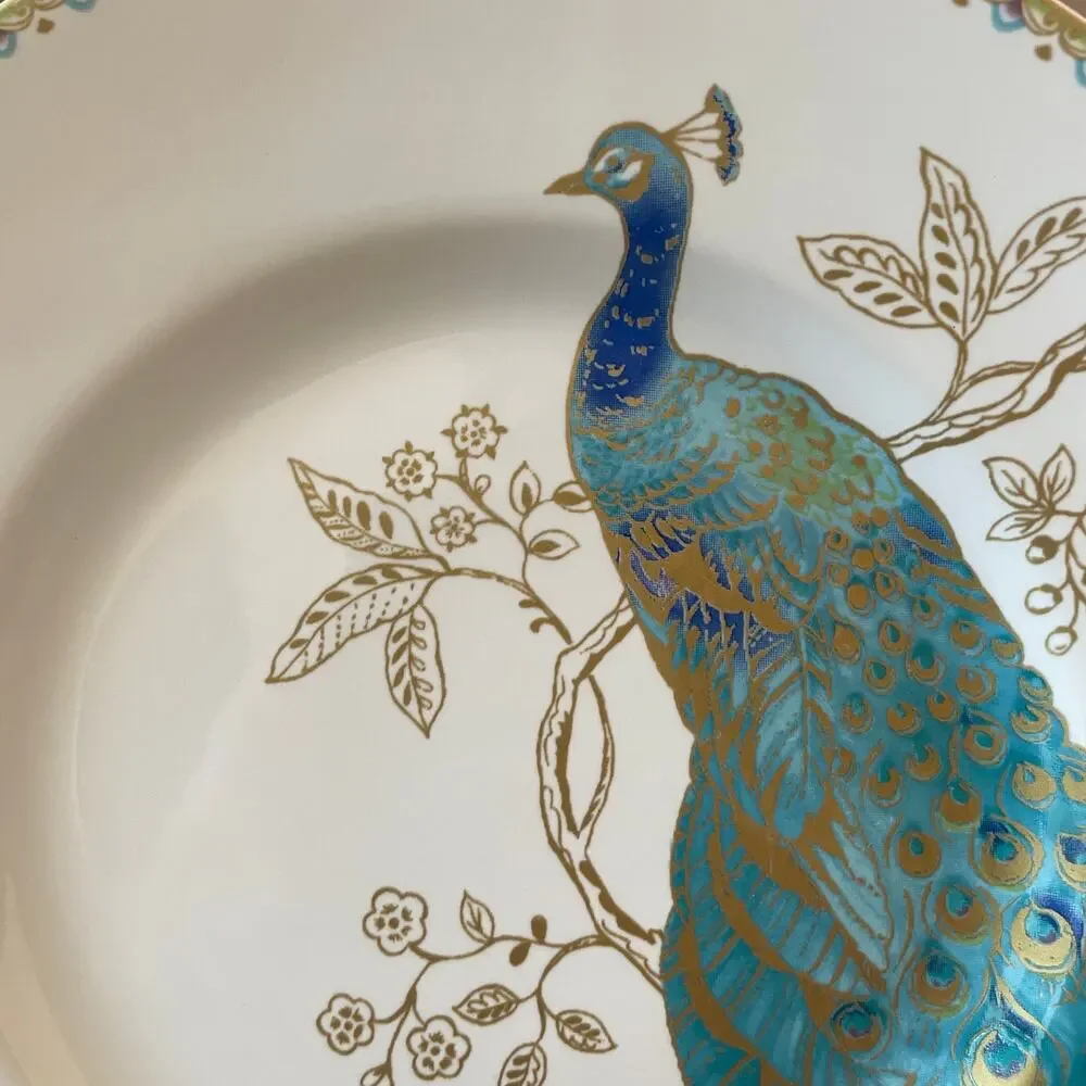 222 FIFTH Peacock Garden Porcelain Dinner Plate Set of 4 Gold Floral Scroll NEW